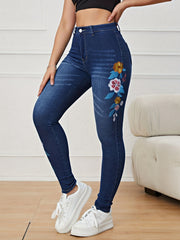 Dark Floral Embroidery Denim Slim Fit High Waist Skinny Jeans