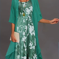 Long Cardigan & Floral Print Dress Set for Women