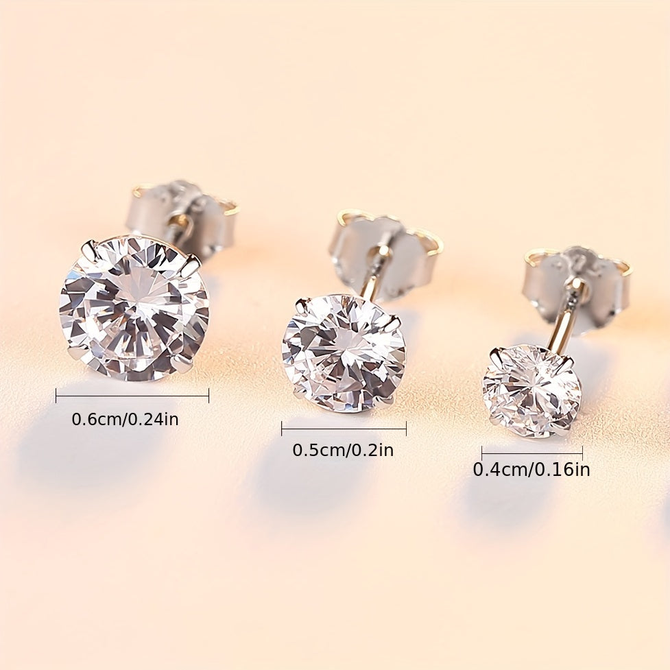 3pcs 925 Silver Stud Earrings Set For Women 4mm 5mm 6mm Gift