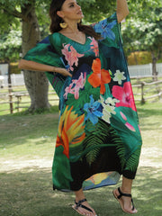 Boho Cover Up Women's V neck Floral Print Short Sleeve Split Cove