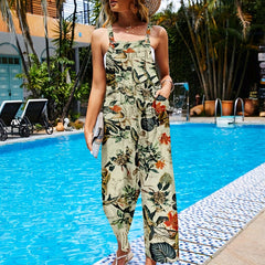 Floral Print Dual Pockets Overall Jumpsuit Casual Button Front Suspender Jumpsui