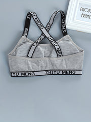 Girls Sports Bra Letter Print Cross Strap No Steel Ring Comfortable Underwear