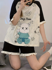 Cartoon Print Pajama Set Short Sleeve Crew Neck Top & Ruffle Shorts