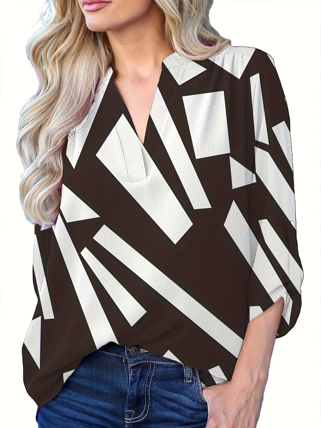 Colorblock Geometric Print Notched Neck Blouse