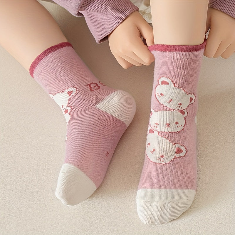 Girls Pink Bear Pattern Princess Socks, Set of 5