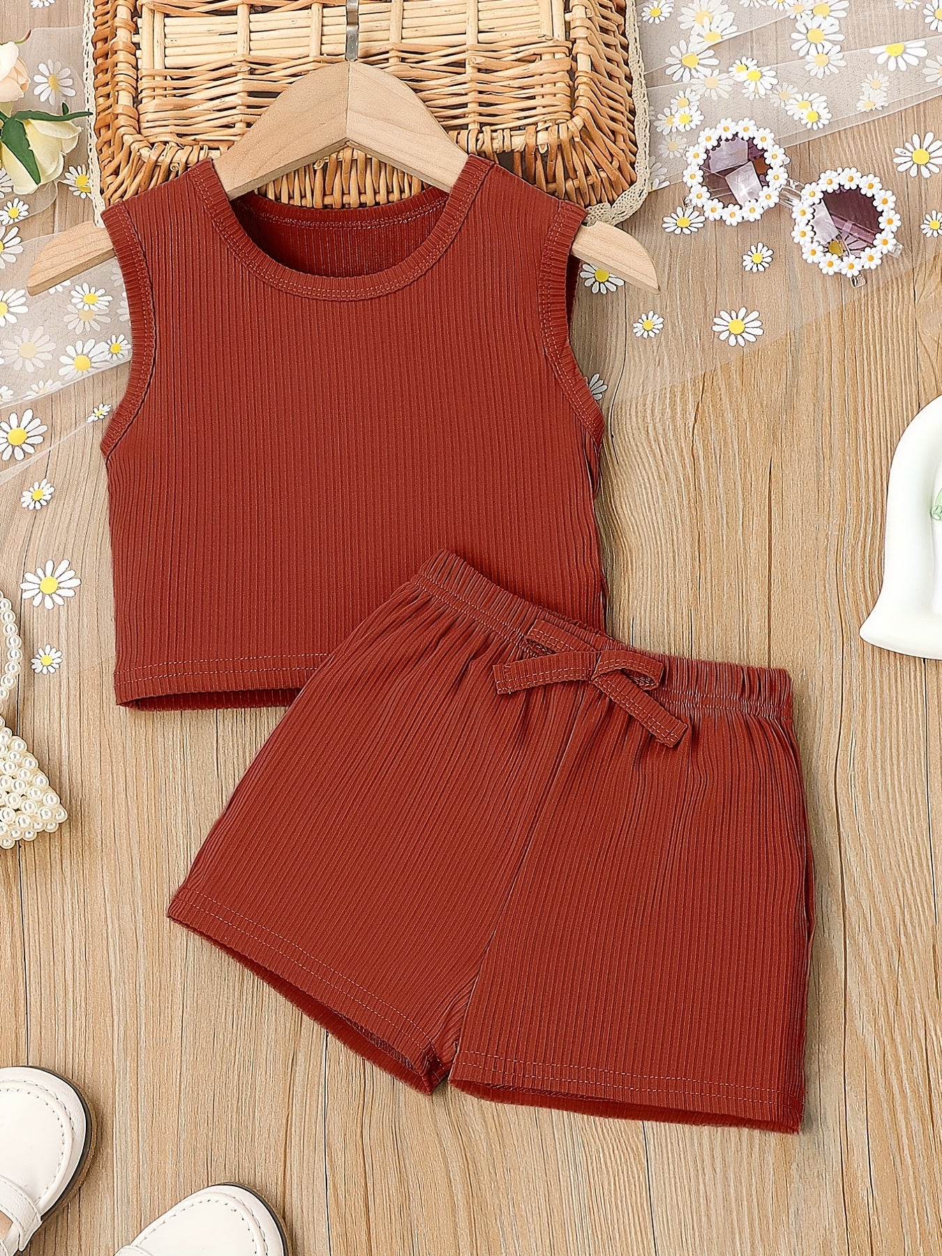 2pcs Toddler Girls Ribbed Knit Tank Top & Bow Front Shorts Set