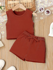 2pcs Toddler Girls Ribbed Knit Tank Top & Bow Front Shorts Set