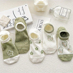 Floral Bunny Print Socks Hollow Out Ankle Stockings Women's Hosiery