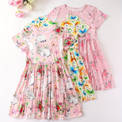 Girls' Dress With Cartoon Butterfly Rabbit Pony Print
