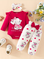 3pcs Baby Girl Elephant Long Sleeve Triangle Jumpsuit Bow Knot Trousers Set