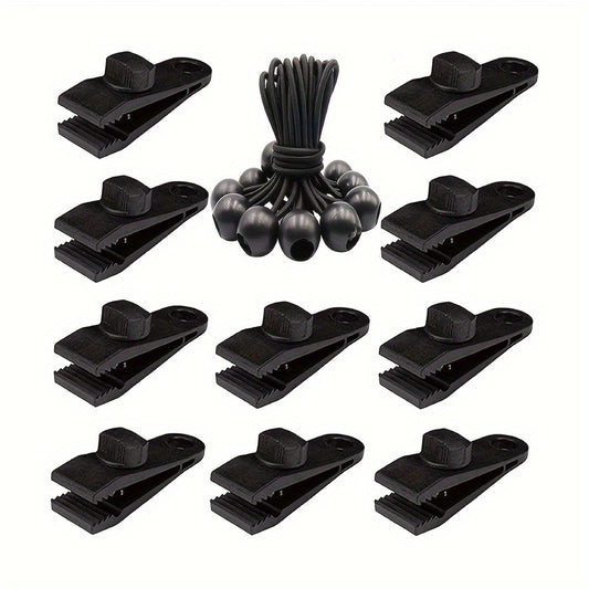 20pcs Tarp Clips & Bungee Cords for Outdoor Camping - Durable & Easy to Use