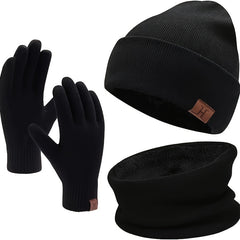 3 Pc Winter Warm Velvet Thickened Set Hat Scarf Gloves Solid Touch Screen