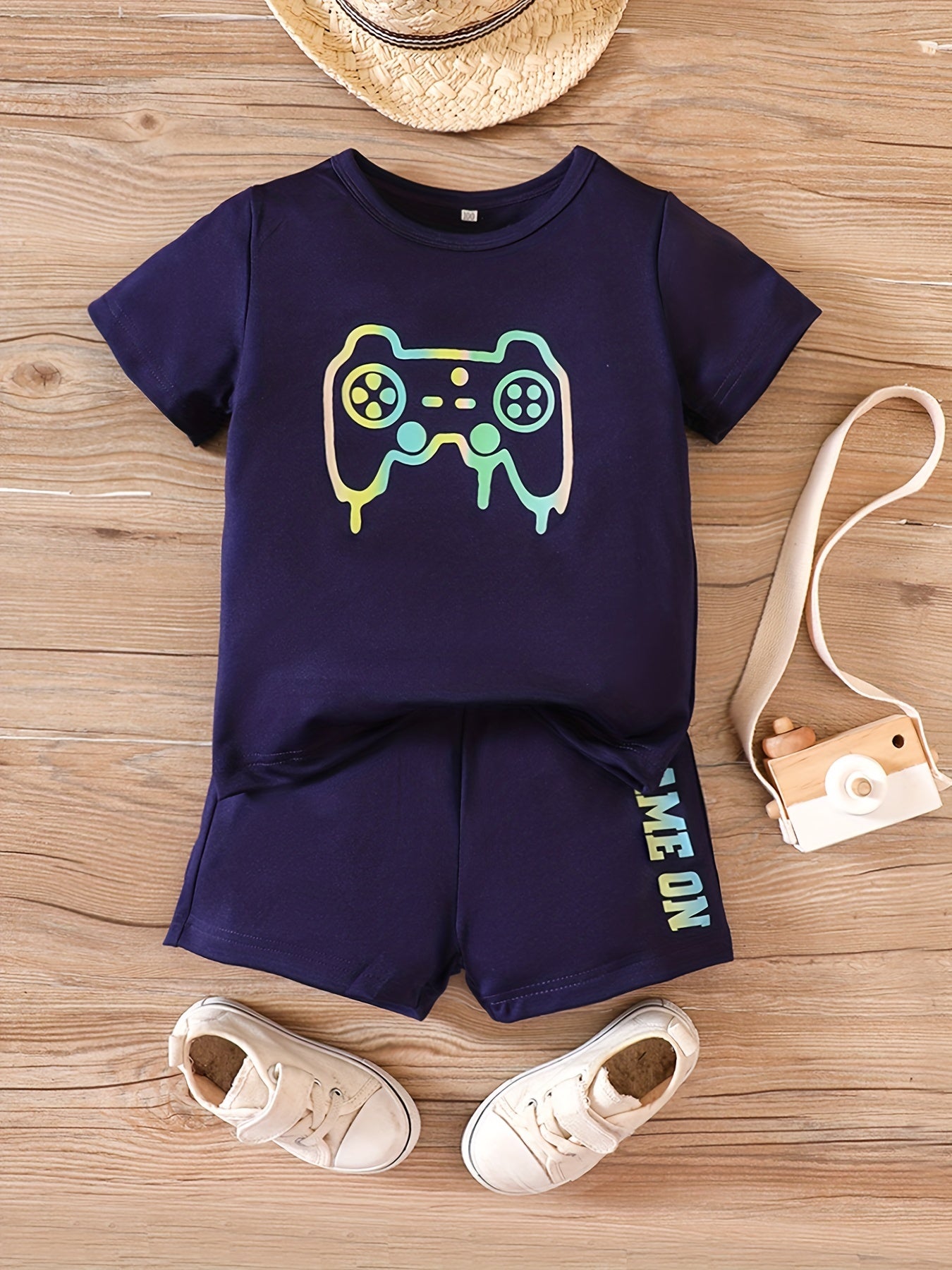 Boys Gamepad Print Short Sleeve Tees & Shorts Set Summer Clothes