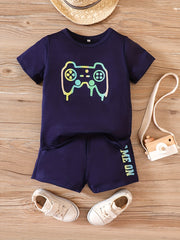 Boys Gamepad Print Short Sleeve Tees & Shorts Set Summer Clothes