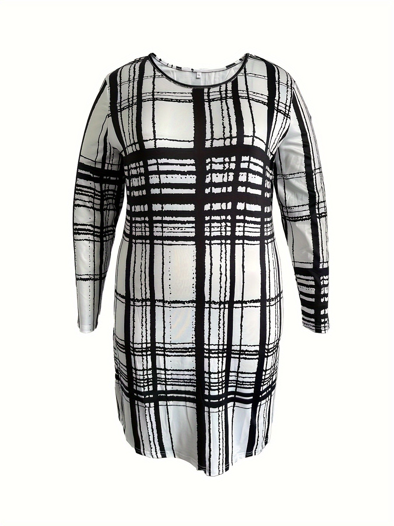 Grid Print Long Sleeve Bodycon Midi Dress