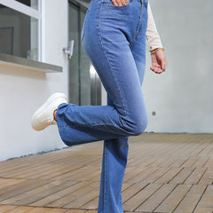 High Waist Bootcut Jeans Stretchy Slash Pocket Washed Street Style
