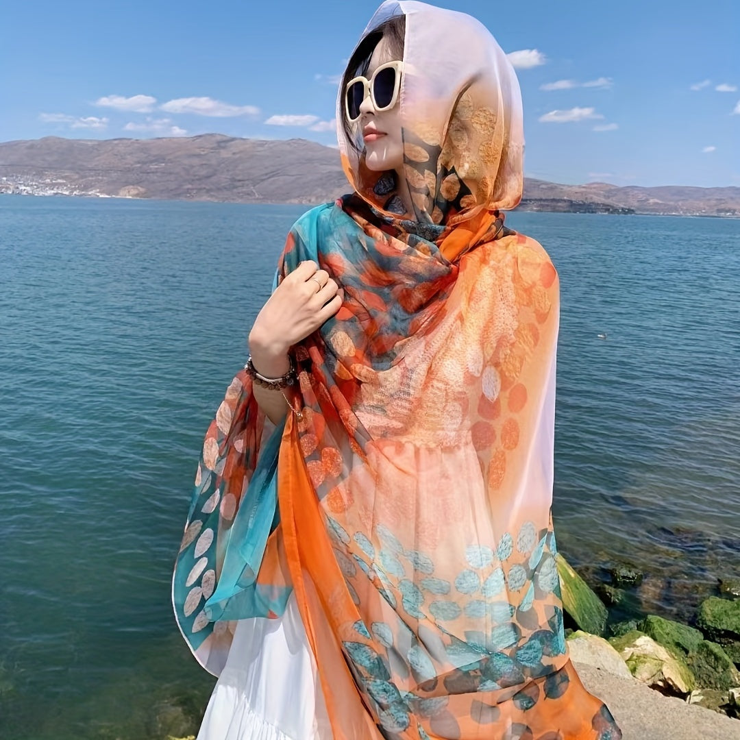 Leaf Print Scarf Orange Gauze Shawl Large Wrap