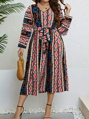 Geometric Print V Neck Dress With Belt