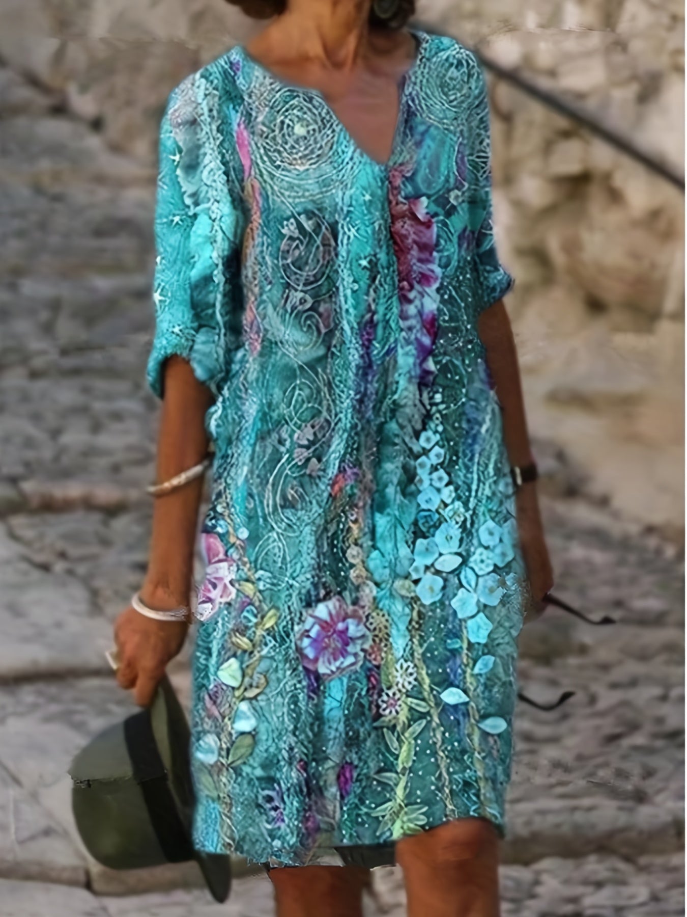 Floral Print V Neck Casual Short Sleeve Dress Spring & Summer