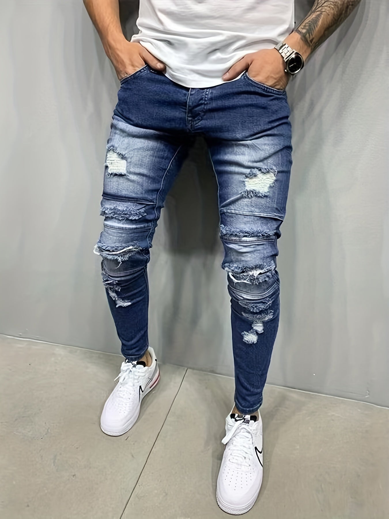 Men's Slim Fit Ripped Jeans Casual Street Style Denim Pants