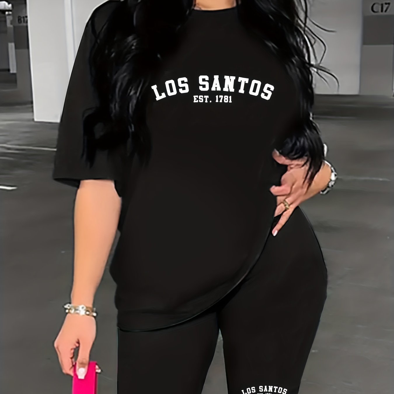 Casual Two piece Set Crew Neck T shirt & Biker Shorts Women's Clothing
