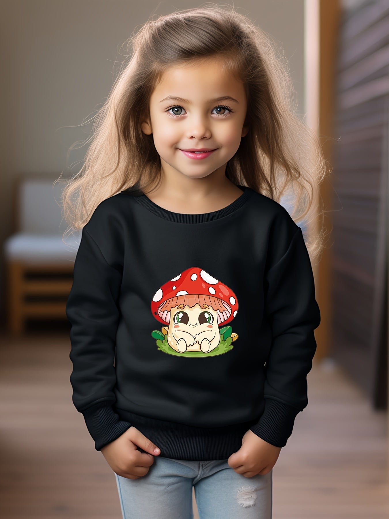 Girls Mushroom Pattern Crew Neck Sweatshirt Spring Fall Christmas Gift