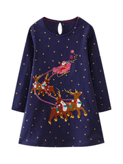 Girls' Pumpkin Animal Embroidered Long Sleeve Shirt Dress