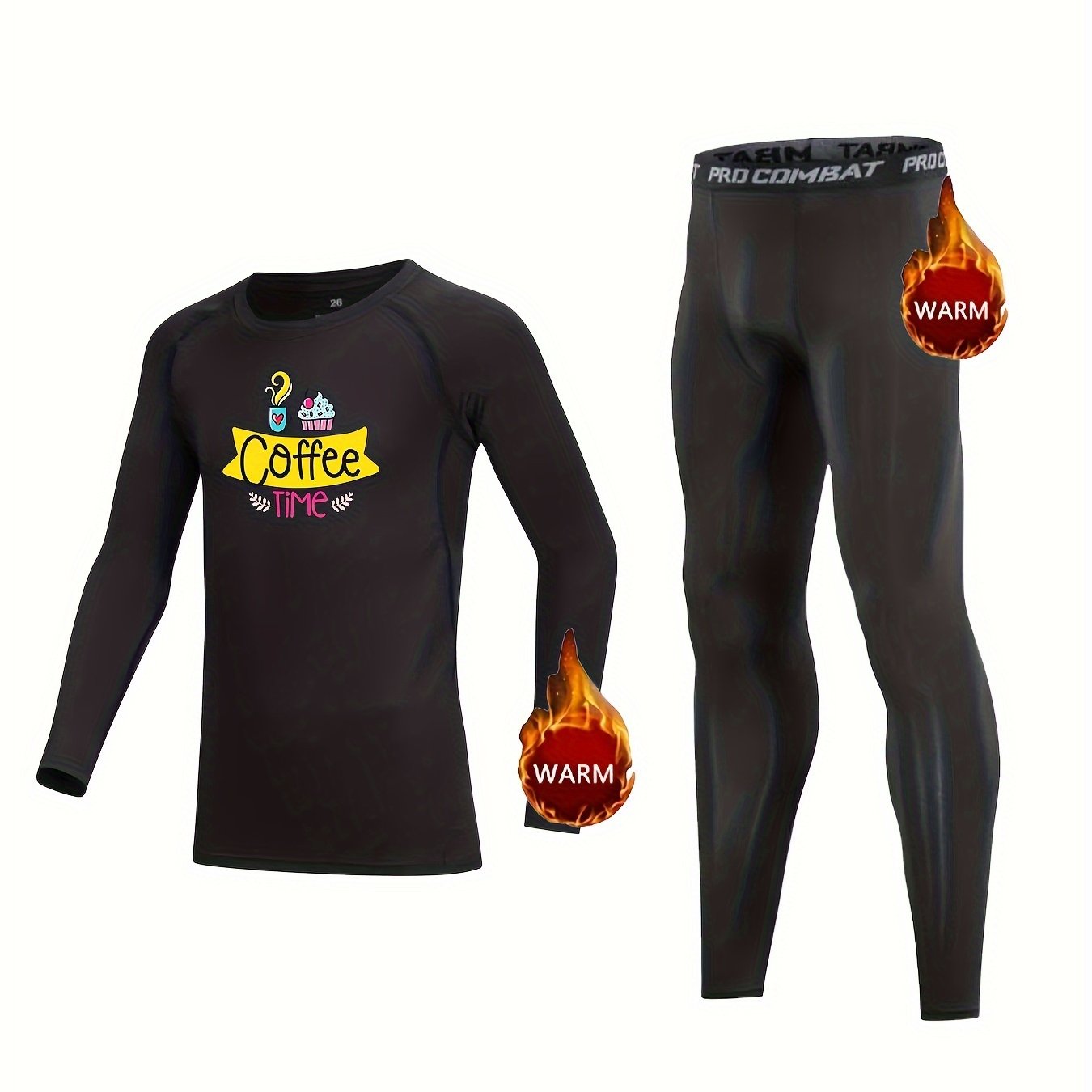 Kids Compression Fleece Sets COFFEE TIME Pattern Long Sleeve Pullover