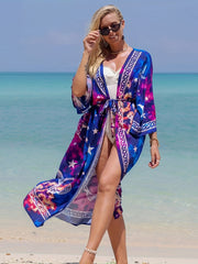 Star Galaxy Print Tie Belt Cover Up Kaftan Loose Fit Casual Vacation Style Dress