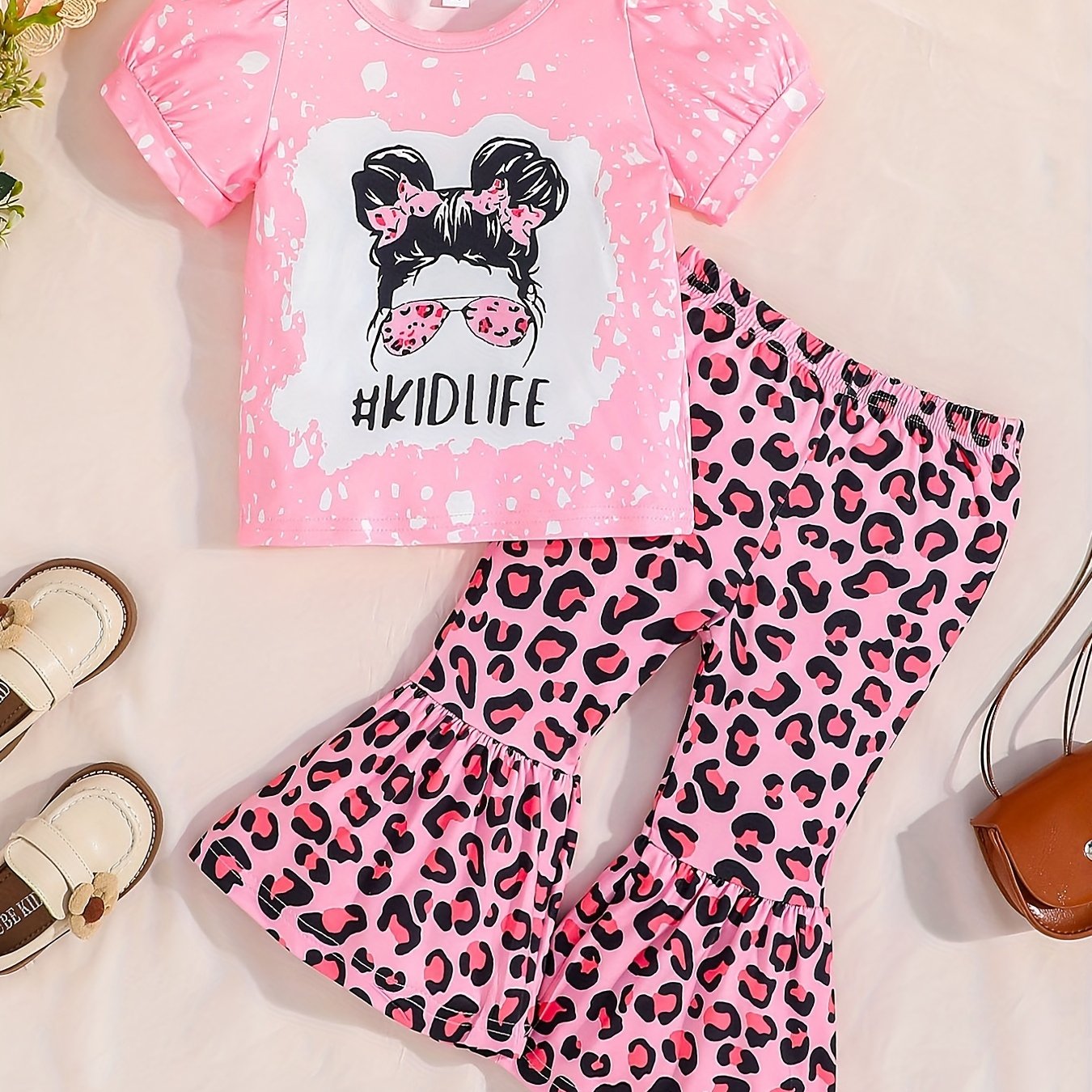 2pcs Baby Girls Puff Sleeve T-shirt & Leopard Pants Set