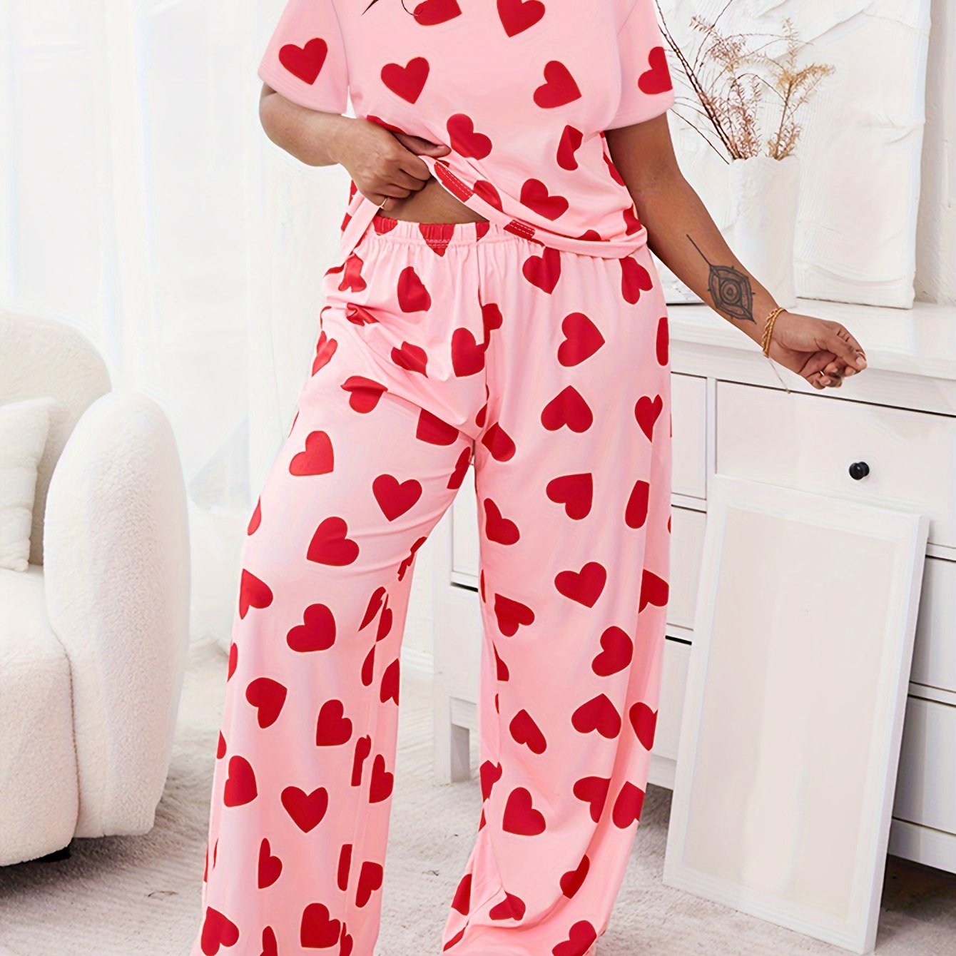 Heart Print Lounge Set Women's Plus Pajamas 2 Piece Set