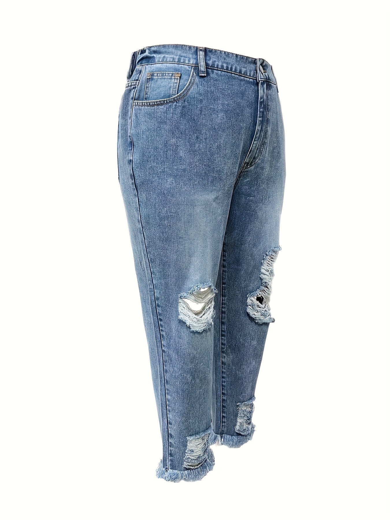 Fringe Trim Jeans Washed Ripped Button Fly