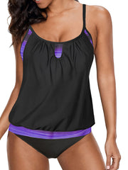 Ombre Cut Out Tankini Set Round Neck High Stretch Two Piece Swimsuit