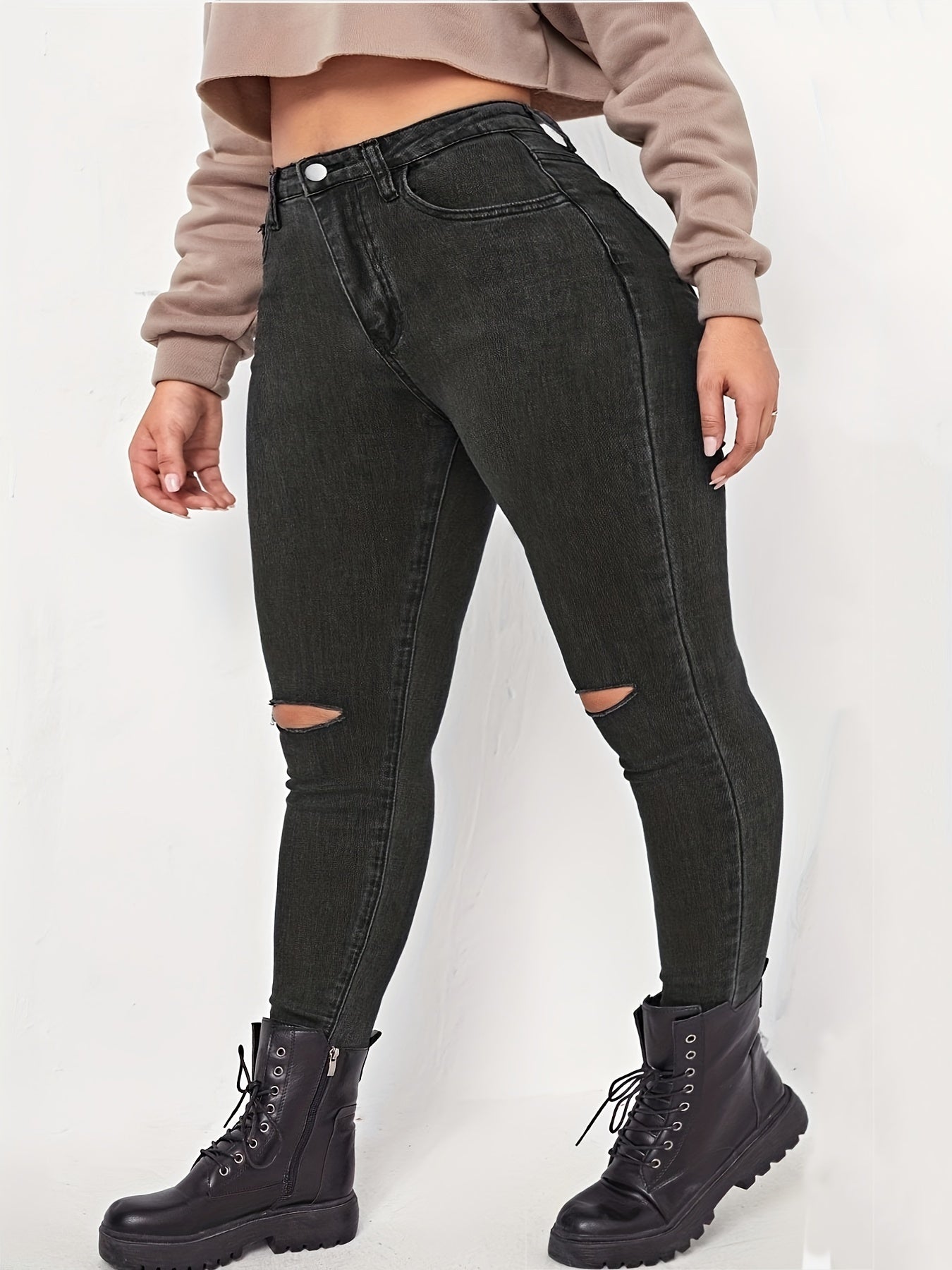 Ripped Skinny Jeans, Button Fly, Medium Stretch