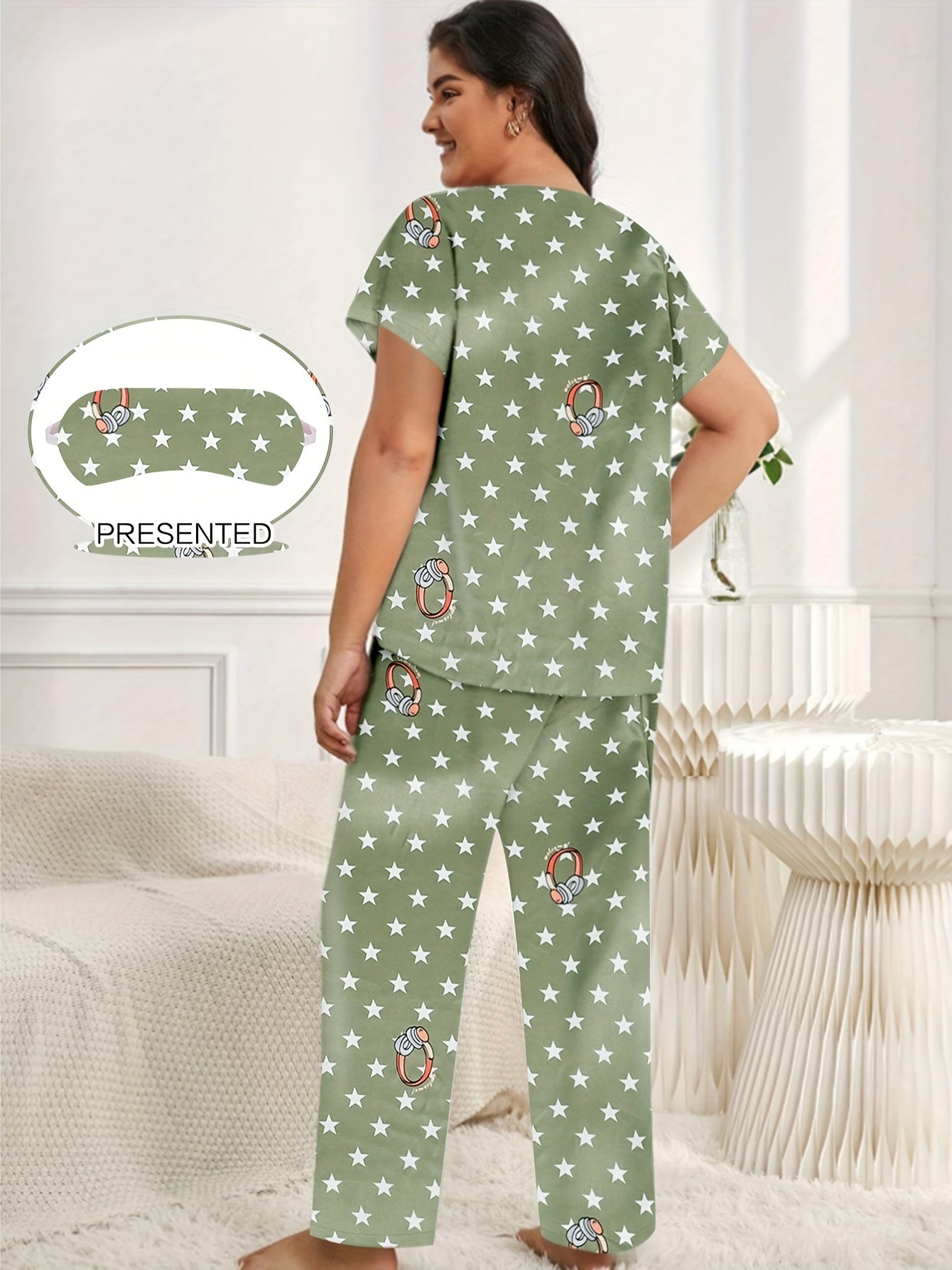 Casual Pajama Set Women's Plus Star & Ring Print Tee & Pants