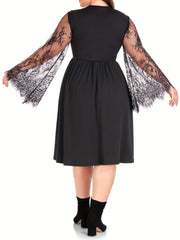 Sexy Dress Women's Plus Solid Contrast Lace Bell Sleeve V Neck Medium
