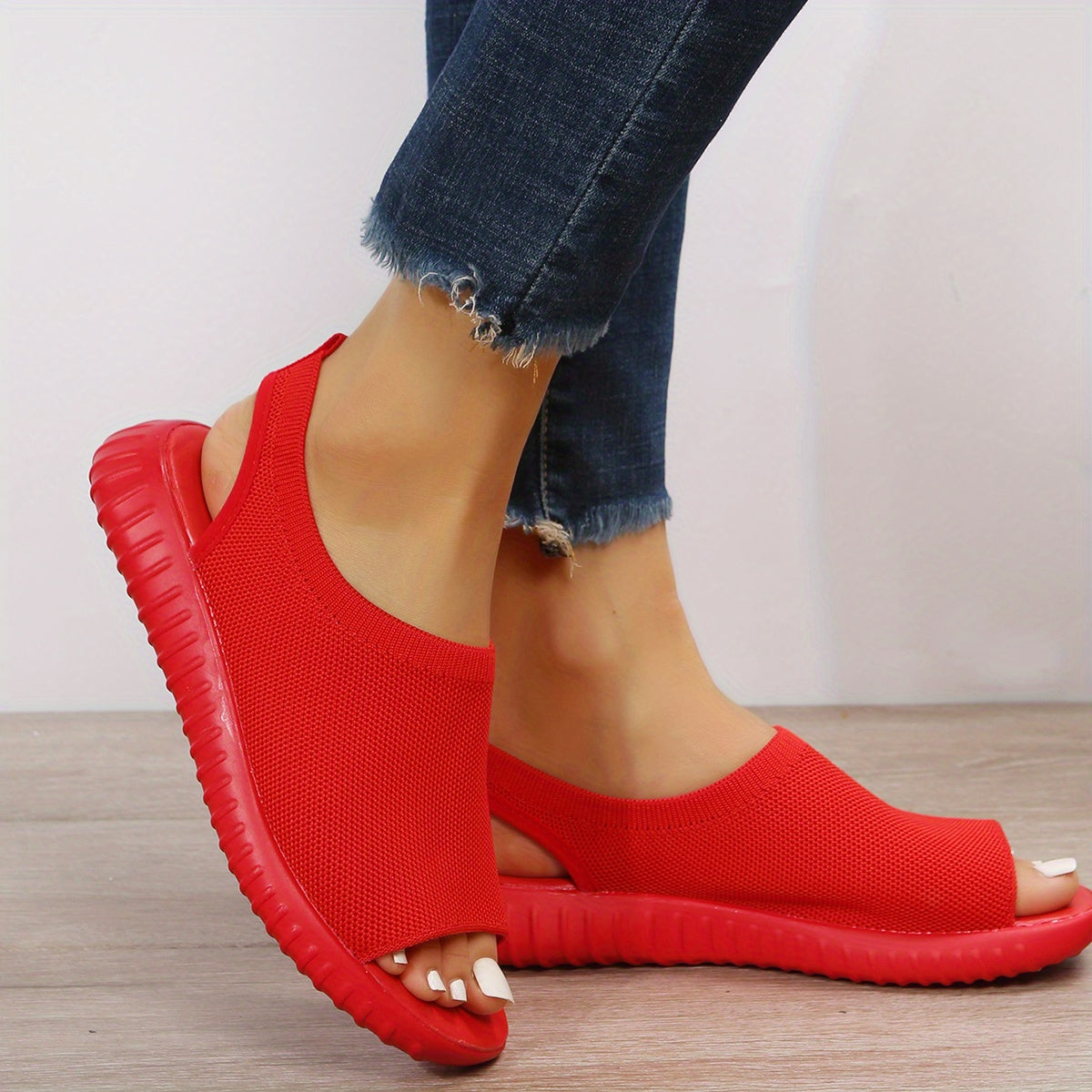 Women's Knit Flat Sandals Comfort Peep Toe Slip On Slingback Shoes