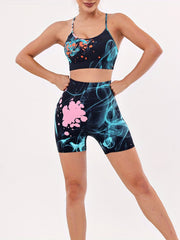 2Pcs Splatter Print Yoga Set Crop Top & High Waist Pant