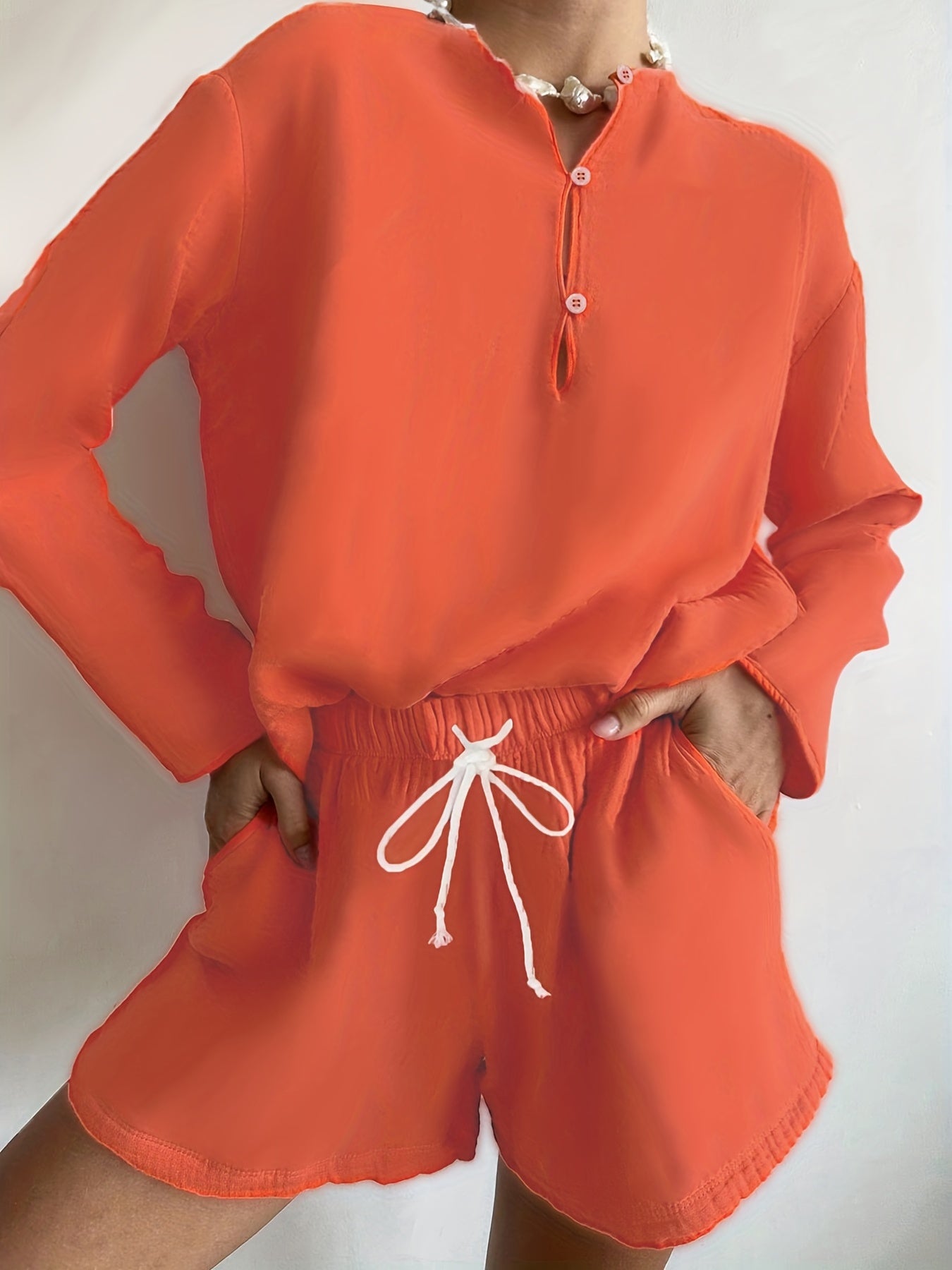 Half Button Long Sleeve Top & Drawstring Shorts