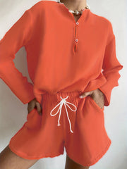 Half Button Long Sleeve Top & Drawstring Shorts