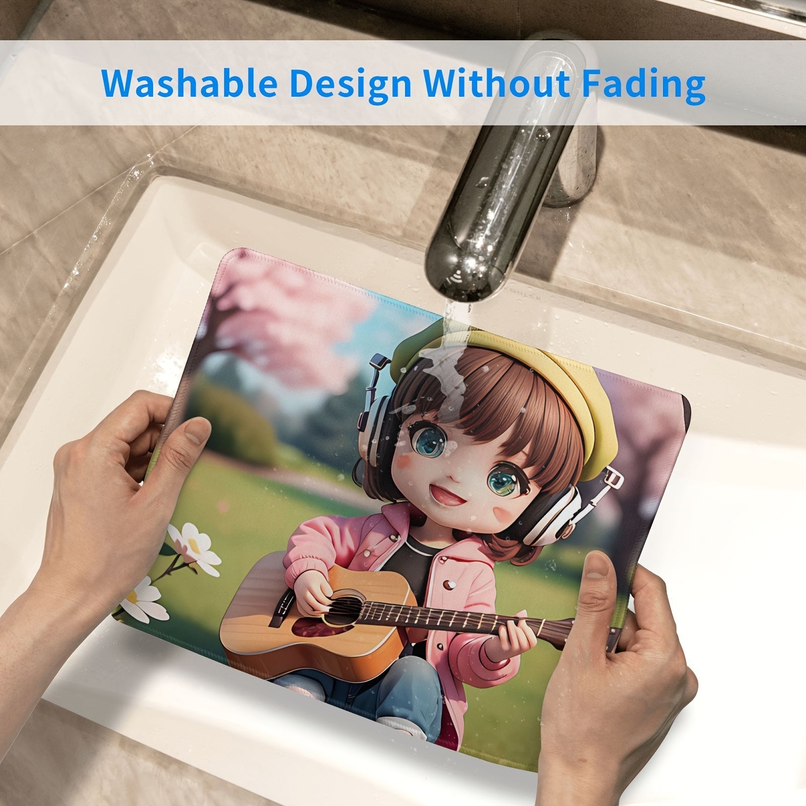 Guitar Girl Pattern Mouse Pad 24x20cm Non-slip Rubber Stitched Edge