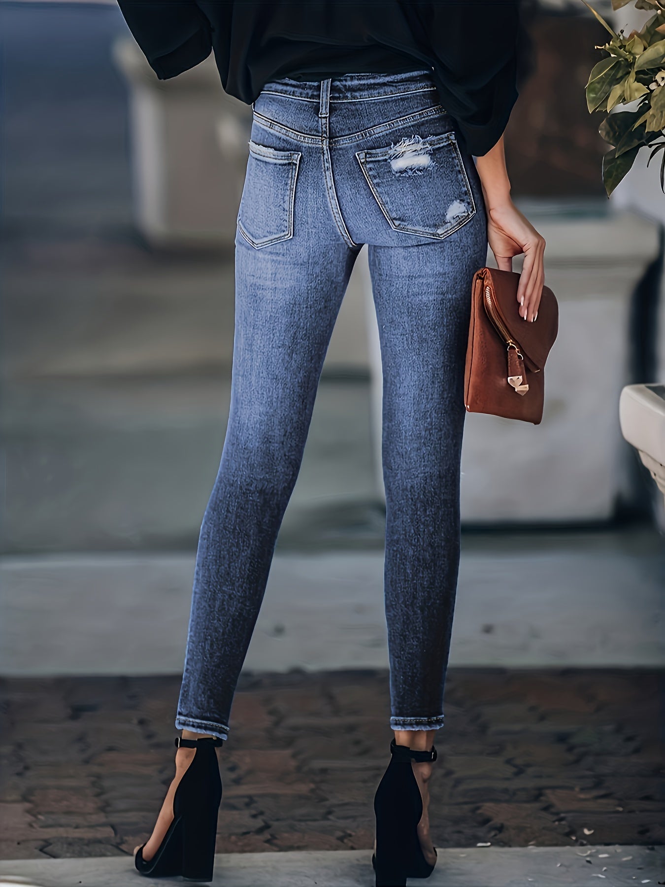 Ripped Knee Skinny Jeans Embossed Pants