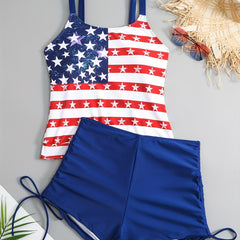 Flag Print Tank Top & Shorts Swimsuit Set
