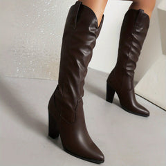 Women's Point Toe Block Heeled Boots Faux Leather Slip On Stylish Boots