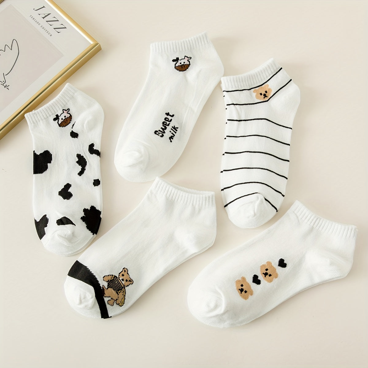 5 Pairs Bear & Cow Print Socks Cartoon Ankle Stockings & Hosiery