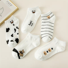 5 Pairs Bear & Cow Print Socks Cartoon Ankle Stockings & Hosiery