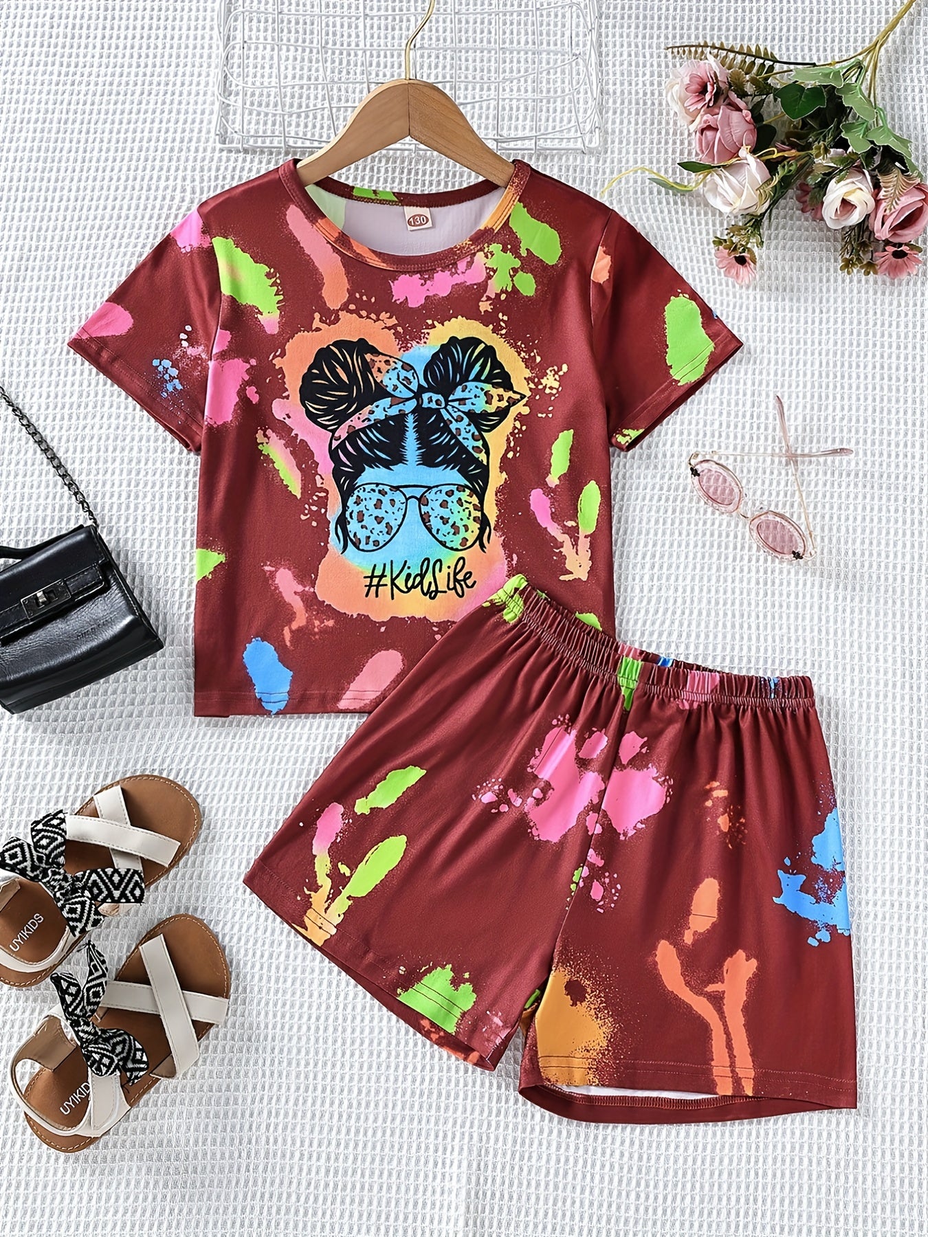 Girls' Tie Dye Short Sleeve T-Shirt Top & Shorts Set for Street Party