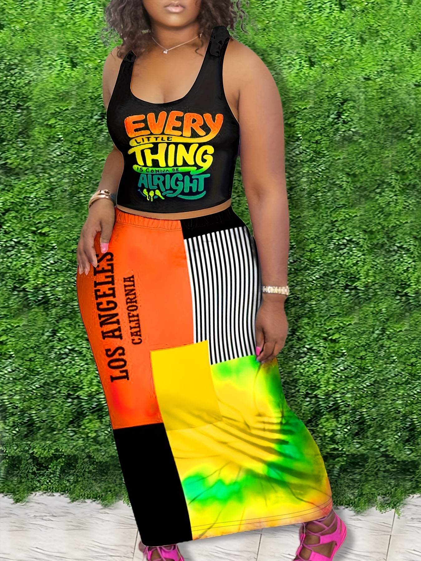 2 Piece Set Women's Crop Tank Top & Colorblock Maxi Skirt Outfits