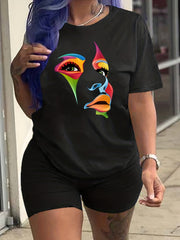 Abstract Face Print T shirt & Slim Shorts Set