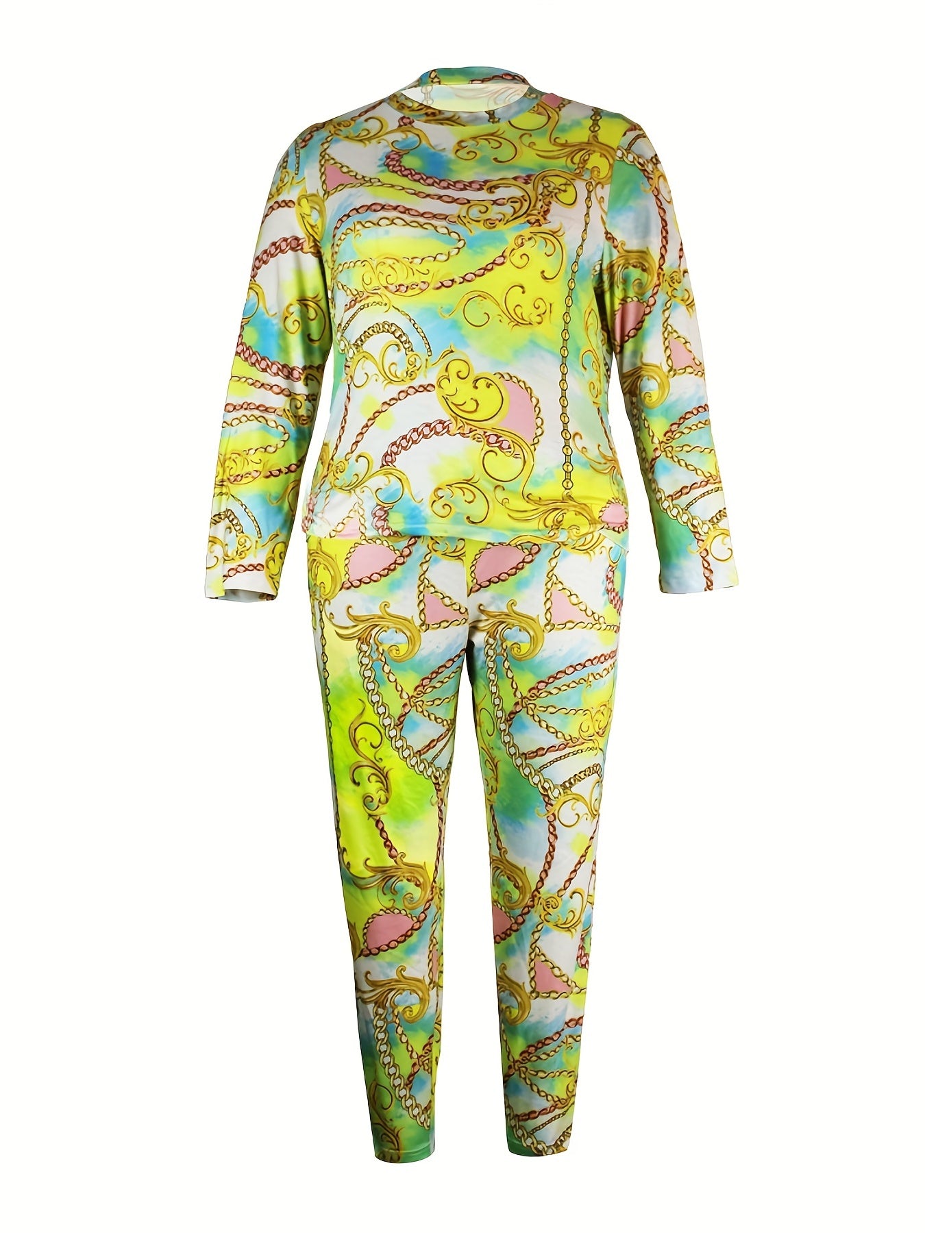 2 Piece Set Tie Dye & Metal Chain Print Top & Leggings